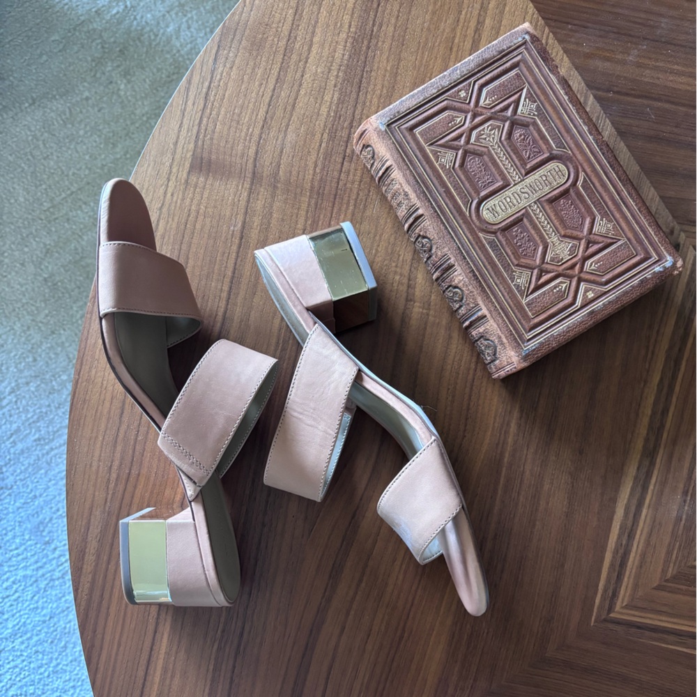 Ann Taylor Leather Two-Strap Block Heel Mules with Gold Accent Size 9 - Picture 4 of 6